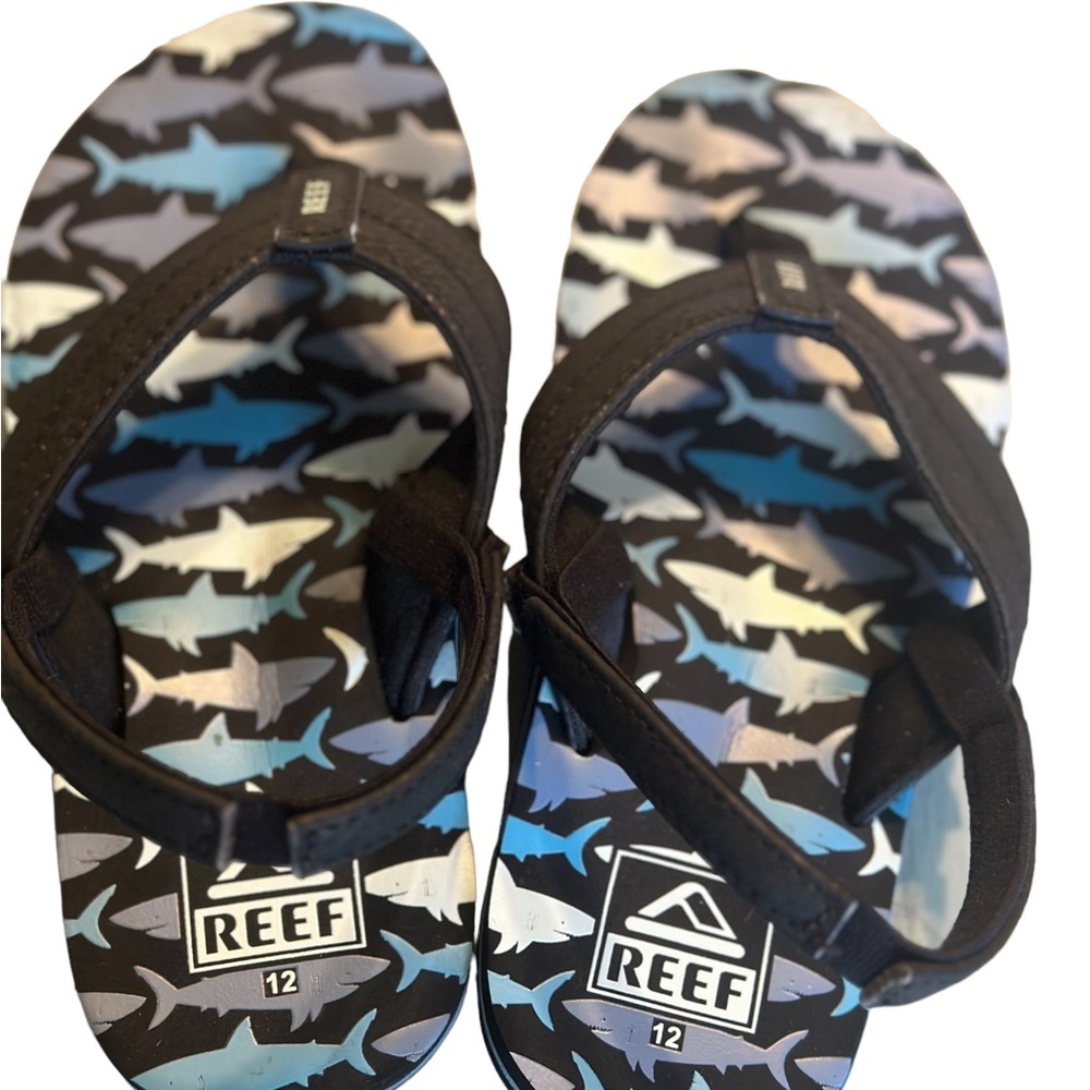 Reef Toddler Boys Flip Flop Sandals Black Blue Sharks Stretch Slingback 8